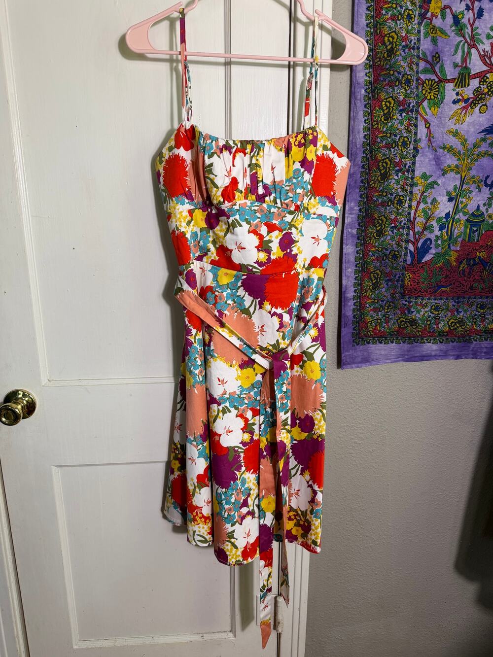 A.P.N.Y. Floral Fit & Flare Dress Size 12 Tie Waist Adjustable Straps Cotton